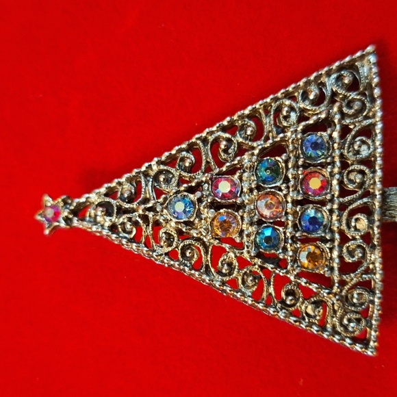 Christmas tree brooch vintage 1970s 10 colorful AB rhinestones - Picture 2 of 4